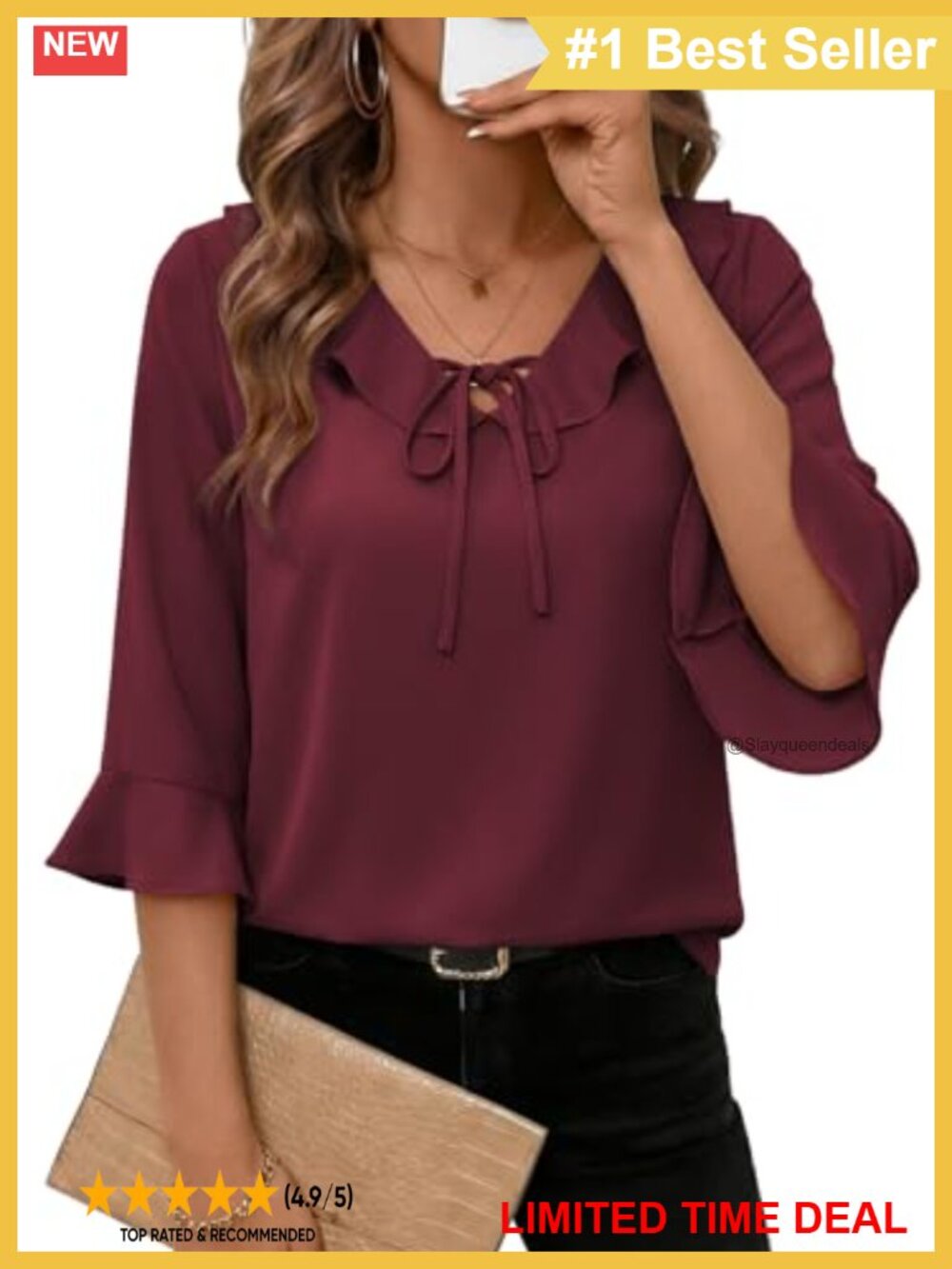 Women's Chiffon V-Neck Ruffle 3/4 Sleeve Blouse Business Casual Top